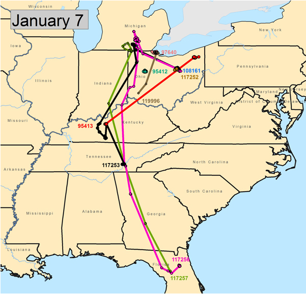 January 7, 2013 – Crane 95413 started south on December 28 and is currently about 40 miles south of Louisville. It has been in the Cecilia area since January 2, 2013.