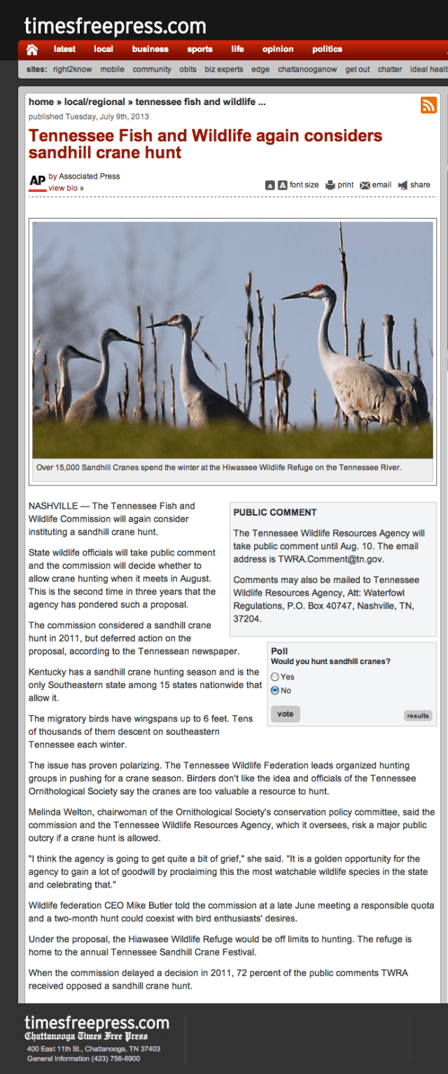 Chattanooga TimesFreePress_9 July 2013_Tennessee Fish and Wildlife again considers sandhill crane hunt