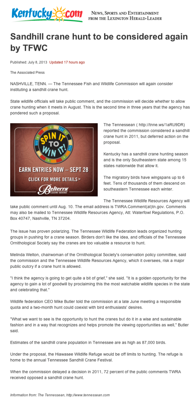 LEXHerald Leader_Sandhill Crane hunt to be considered again for TWRC_8 July 2013