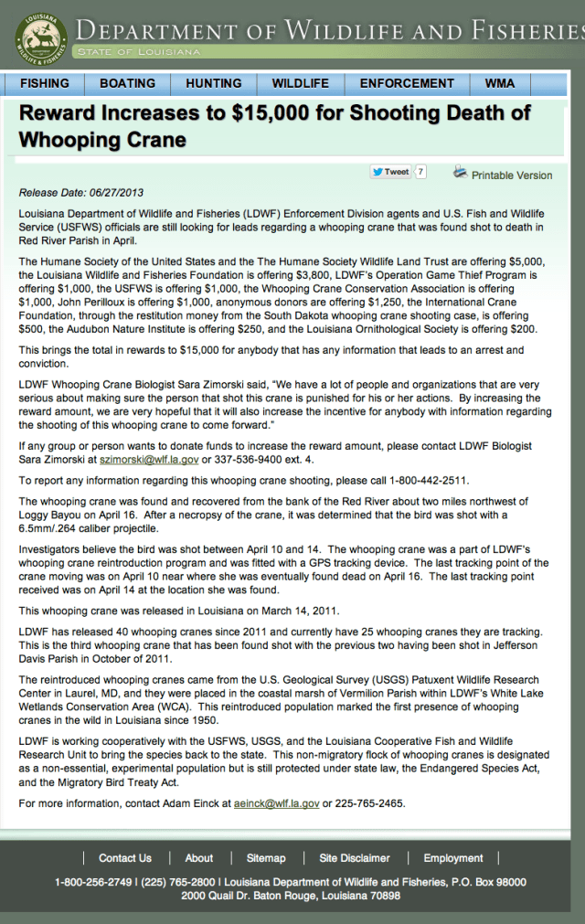 LDWF press release_Reward increases for shooting death of WHCR